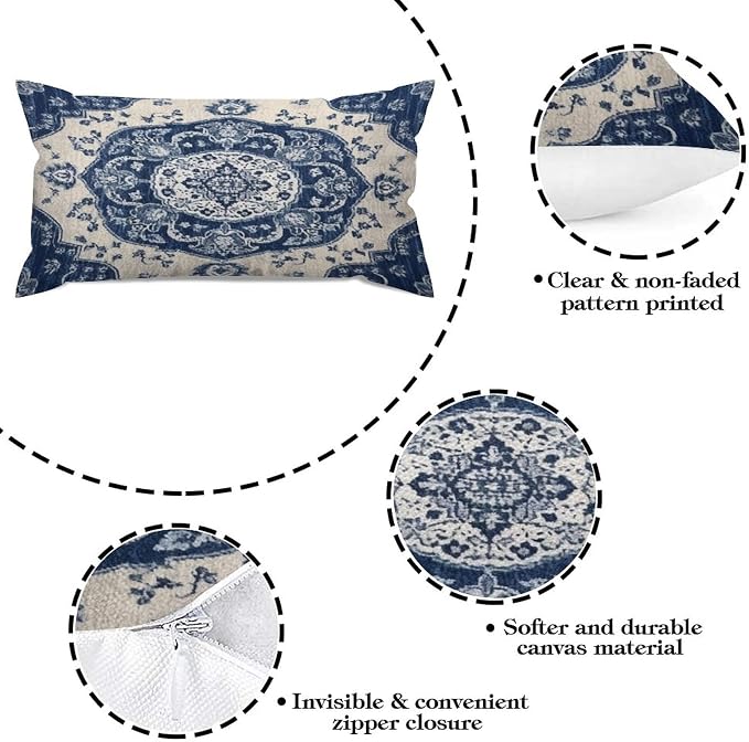 Set of 2 Classical Navy Blue Damask Pattern Pillow Covers 12x24in Farmhouse Canvas Cushion Covers Outdoor for Couch Chair Home Decor for Family Friends