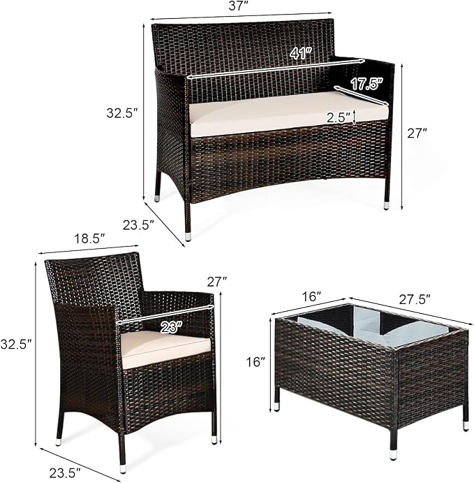 HAPPYGRILL 4-Piece Patio Furniture Set Outdoor Rattan Wicker Conversation Set with Cushioned Sofa and Coffee Table for Porch Backyard Garden Poolside
