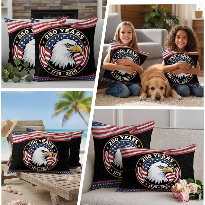 250 Year Anniversary Outdoor Waterproof Throw Pillow Covers 16x16 Set of 2, Independence Day Eagle USA Flag Decorative Pillowcases Cushion Pillowcase for Couch Sofa Patio Outside Pillow Protector