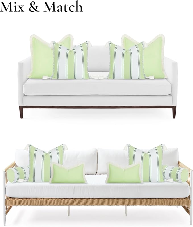 Hofdeco Premium Coastal Hampton Outdoor Performance Throw Pillow Cover Only, 20"x20" Water Repellent, UV and Fade Resistant for Backyard, Couch, Poolside, Grass Green Woven Harbor Stripes