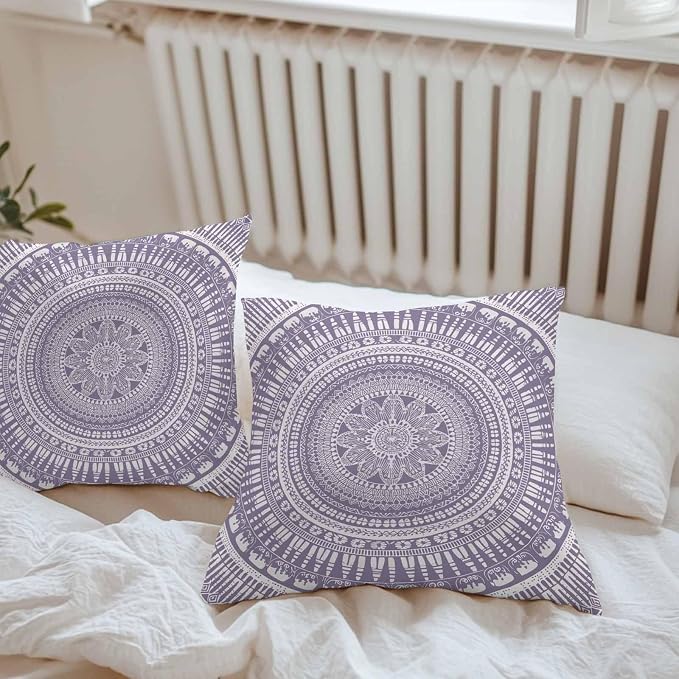 Vandarllin Outdoor Throw Pillows Covers 20x20 inch Set of 2 Waterproof Purple Boho Decorative Zippered Cushion Covers for Patio Furniture, Bohemian Floral Geometric Lumbar Pillowcases