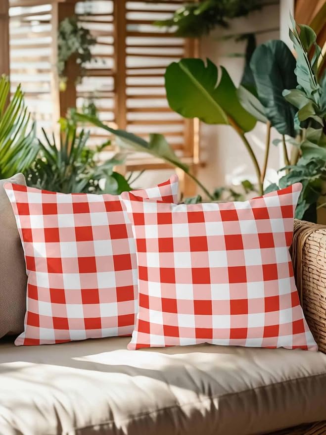 Waterproof Outdoor Pillow Set of 2 Red Buffalo Plaid Decorative Throw Pillows Cover & Insert 16x16 Inch Pillowcase Check Lines Square Pillows for Couch Sofa Bed Patio Furniture Indoor Outdoor