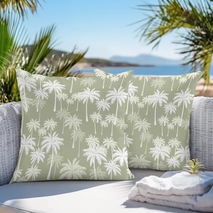 Throw Pillow Covers 18x18 Inch Set of 2, Tropical Palm Tree Waterproof Outdoor Pillow Covers, Sage Green Plants Coastal Leaf Beach Decorative Cushion Pillowcases for Couch, Sofa, Bed, Garden, Patio