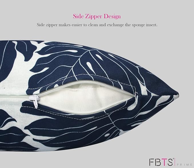 Pack of 2 Outdoor Waterproof Decorative Throw Pillow Covers for Patio Furniture, 18x18 Inch Square Fade Resistant Patio Garden Cushion Covers for Couch Bed Sofa, Leaves Navy