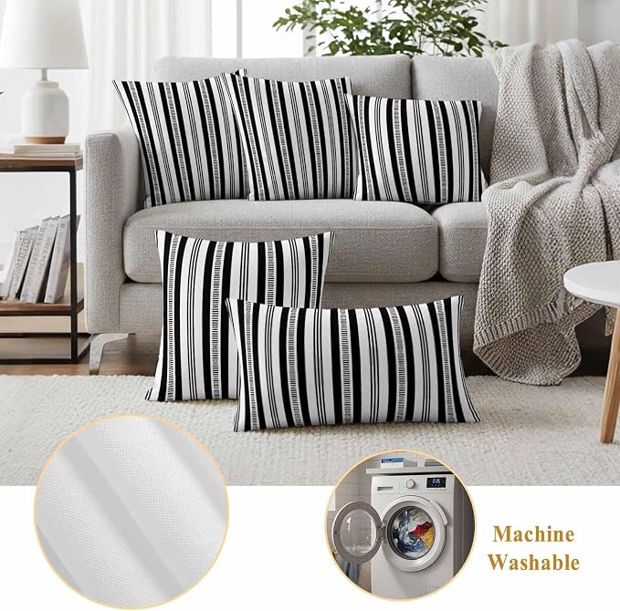Black Striped Outdoor Waterproof Pillow Covers, Farmhouse Stripes Modern Geometric Decorative Square Throw Pillowcase Sofa Cushion Sham for Patio/Couch/Chair, 20"x20" 2 Pack