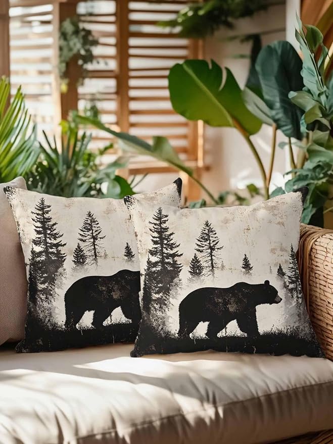Outdoor Waterproof Throw Pillows Forest Brown Bear Silhouette Patio Pillows Pack of 2,Decorative Pillow Covers with Insert,Pillow Cushion Case for Garden Couch Sofa Minimalist Modern Art