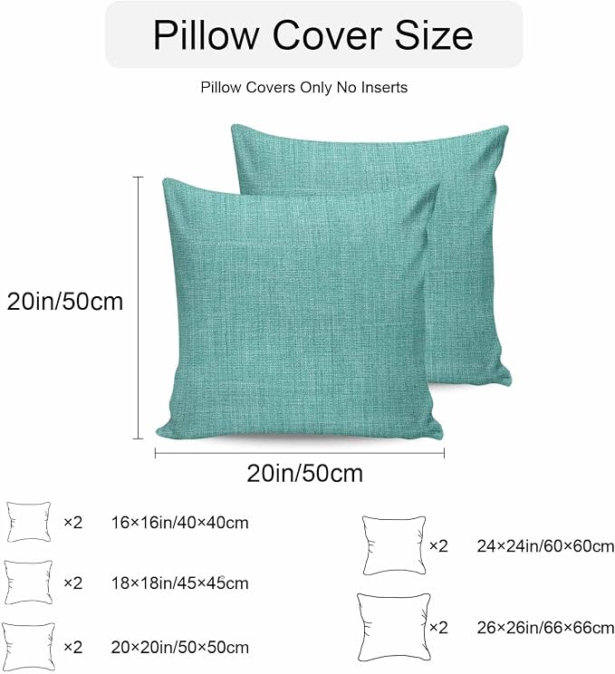Vandarllin Outdoor Throw Pillows Covers 16x16 inch Set of 2 Waterproof Turquoise Linen Decorative Zippered Cushion Covers for Patio Furniture, Farmhouse Pure Color Lumbar Pillowcases