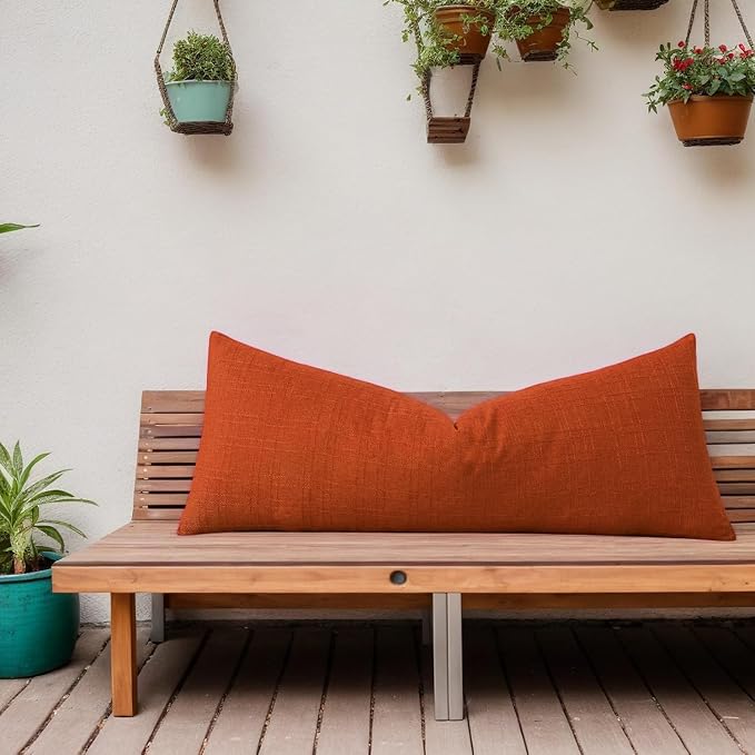 Kevin Textile Outdoor Waterproof 14”x36” Pillow Cover 1 Pack, Dark Orange | Water Resistant, Soft Faux Linen-cotton Yarn-dyed Woven Texture Throw Pillow Covers for Tent Patio Garden Couch Sofa