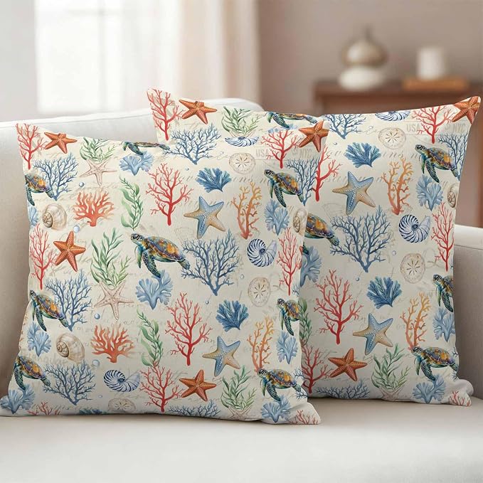 Summer Ocean Outdoor Waterproof Pillow Covers Pack of 2, Vintage Nautical Sea Turtles Shells Corals Starfish Decorative Throw Pillowcases Cushion Covers for Garden Patio Tent Sofa Couch, 18x18 inch