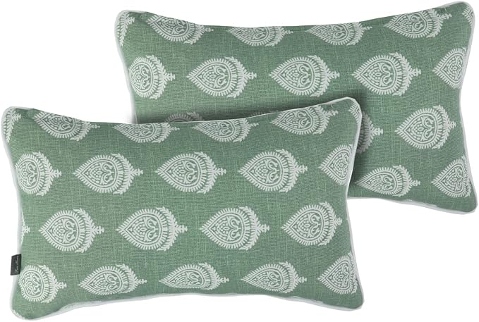 FUNHOME Outdoor Lumbar Pillow with Insert 12x20 Inch Pack of 2-Fair Green | Outdoor Pillows for Patio Furniture, Water-Repellent, Decorative Garden Pillows for Home Patio Coach Sofa Use