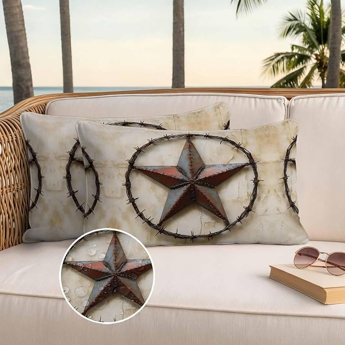 Texas Star Vintage Waterproof Outdoor Pillow Covers Set of 2 Home Decor, Abstract Country Stars Modern Pillowcase Patio Pillow Covers for Couch Bench Furniture Garden 20x12in