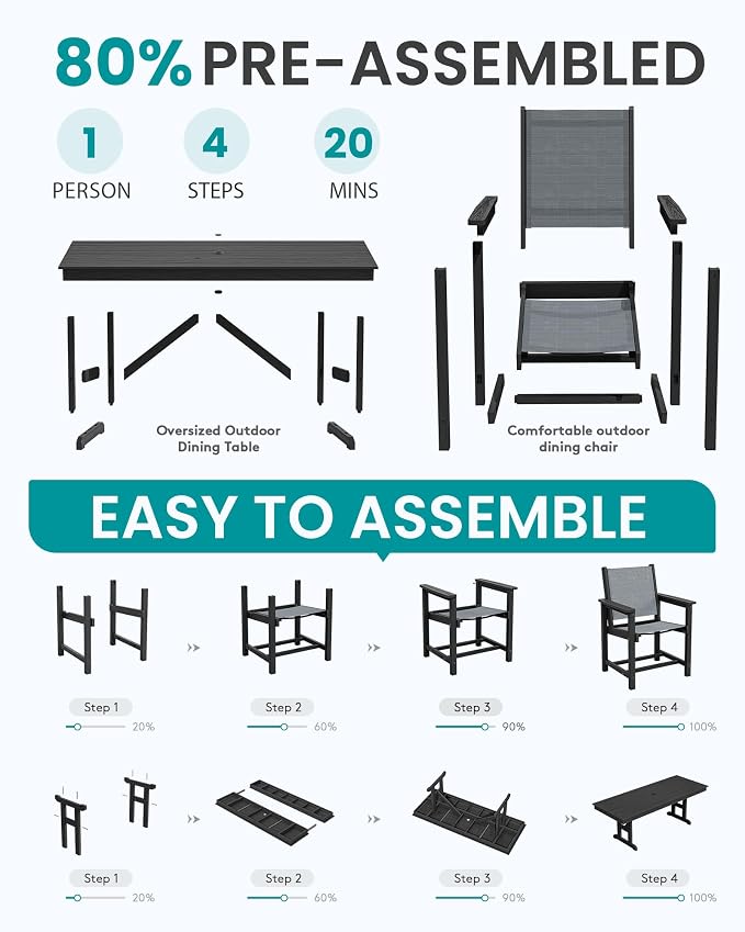 SERWALL 10 Piece Outdoor Dining Set with 15ft Triple-Head Foldable Umbrella(Based not Included), 84" HDPE Outdoor Large Table and Textilene Sling Chairs for 8, Black