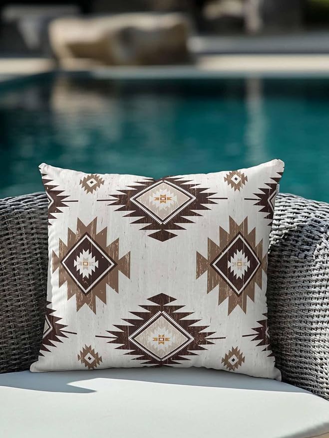 Waterproof Outdoor Pillow 1 Pack Brown Boho Aztec Decorative Throw Pillows Cover & Insert 18x18 Inch Pillowcase Southwest Tribal Style Square Pillows for Couch Sofa Bed Patio Furniture Indoor Outdoor