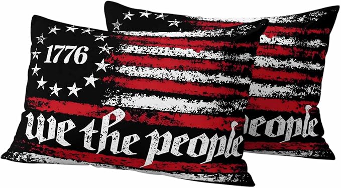 We The People Outdoor Pillow Covers 20"x12" Set of 2, Independence Day Distressed Red White Flag Waterproof Throw Pillow Covers for Patio Furniture, Decorative Cushion Covers for Porch