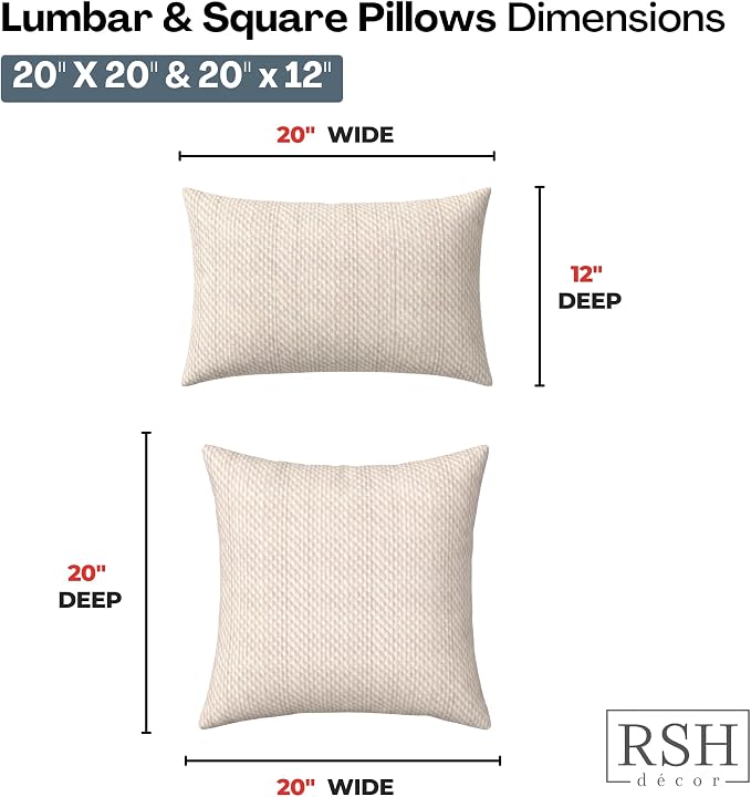 RSH DECOR: Sunbrella Lumbar & Square Pillows Set of 4 | 20" x 12" & 20" x 20" | Water and Fade-Resistant Fabric | Outdoor Throw Pillows for Patio Furniture | Made in USA (Cozy Quilt Bright White)