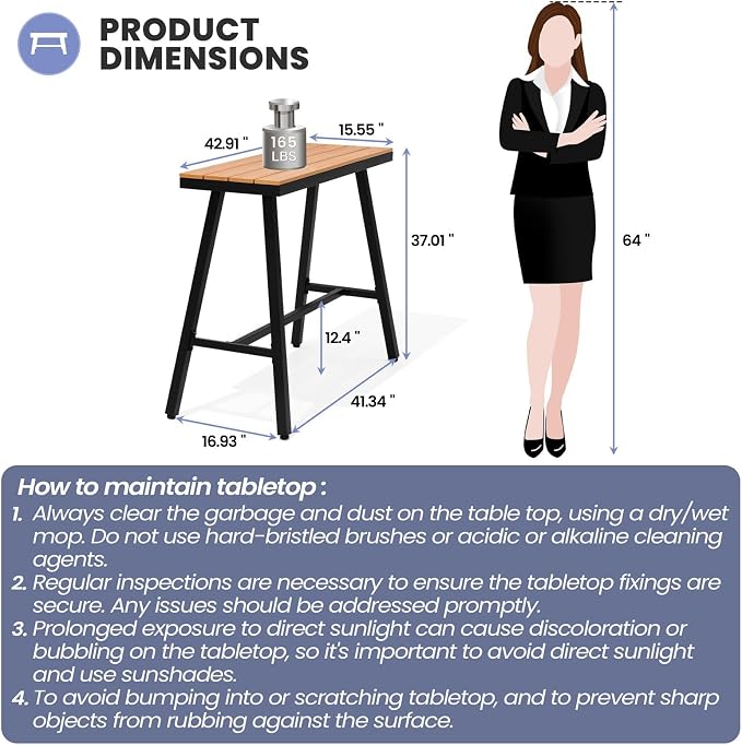 Crestlive Products Outdoor Bar Table, Patio Pub Table, 43'' Patio Bar Height Table with Weather Resistant Waterproof Top for Balcony, Bistro, Garden, Backyard, Poolside, Indoor (Brown)