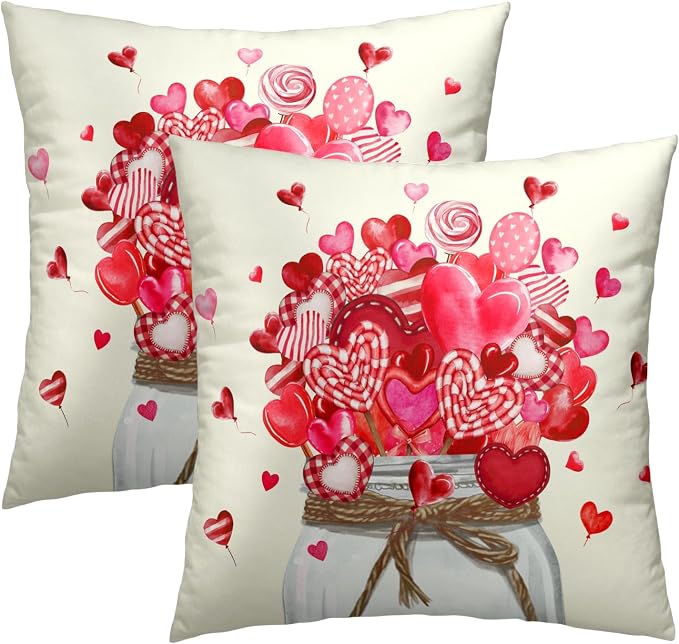 Valentines Day Throw Pillow Covers 18x18 Set of 2, Cute Love Heart Candy Canes Decorative Pillowcases Square Cushion Cover for Couch Bed Sofa Anniversary Wedding Home Decor