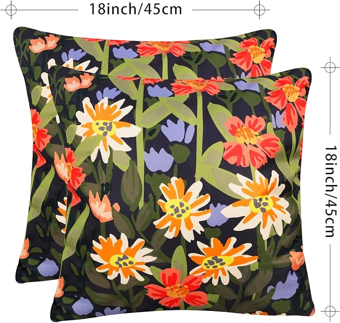 Pyonic Outdoor Pillows Waterproof Cover Pack of 2 Floral Waterproof Throw Pillows 18x18 inch for Patio Furniture Garden Furniture,Balck