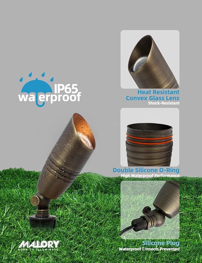 MALORY Brass Landscape Spotlights 4-Pack with Bulb Kit(S02), Low Voltage 12V AC/DC LED Outdoor Spot Uplights for House and Tree,PVC Ground Stake and Wire Connector Included, 5W 2700K Warm White