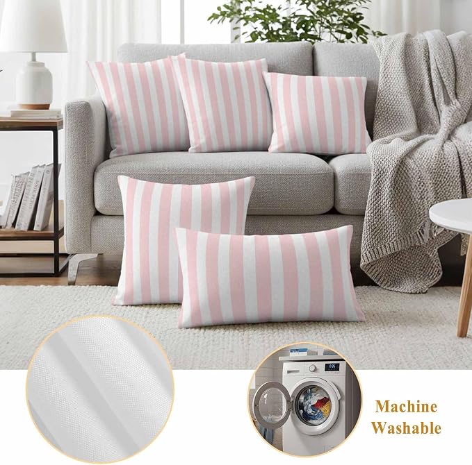 Pink Striped Outdoor Waterproof Throw Pillow Covers 24x24 Set of 2, Modern Farmhouse Pink White Stripes Decorative Pillowcases Cushion Pillowcase for Couch Sofa Patio Outside Pillow Protector