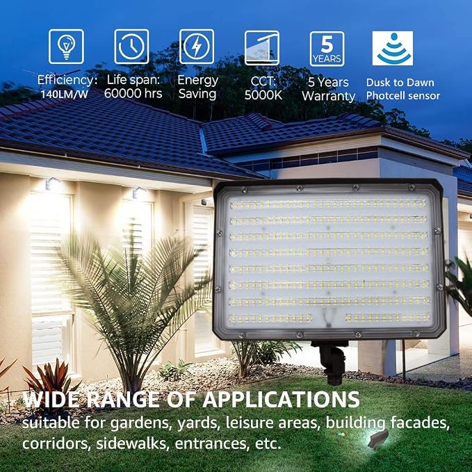 Dusk to Dawn 150W Outdoor LED Flood Light with 1/2" Knuckle Mount (Plate Included), 5000K 21000LM 100-277V, ETL Waterproof LED Security Flood Lighting for Sign/Flagpole/Tree/Yards/Advertising Boards