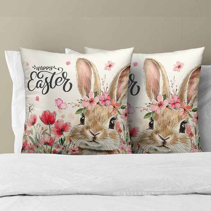 Easter Bunny Throw Pillow Covers 20x20 Inch, Pack of 2 Tulip Floral Cute Rabbit Pillowcases Square Soft Cotton Cushion Cover for Couch Sofa Bed Outdoor Indoor Holiday Home Decor