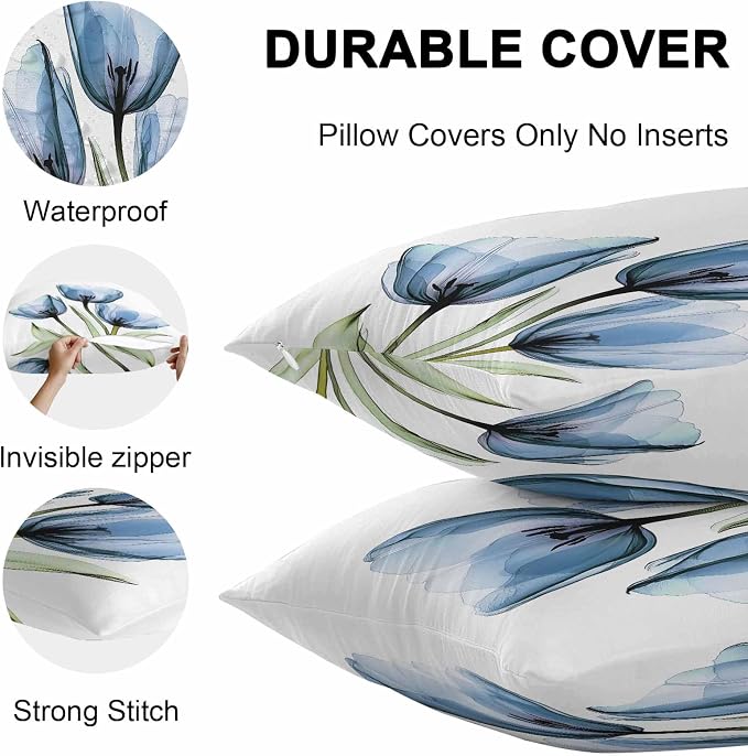 Rustic Blue Tulip Outdoor Pillow Covers 20x12in Pack of 2 Waterproof Pillowcase Watercolor Farmhouse Flower Decorative Throw Cushion Case for Patio Couch Sofa