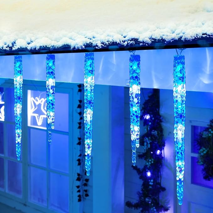 Brightown Icicle Lights for Outside with Remote, 20ft 100 LED 20 Tubes Connectable Ice Shape Hanging Christmas Lights for Tree Patio Roof Holiday Decor, Blue and White