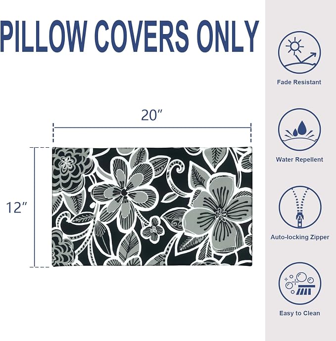 Pack of 2 Outdoor Lumbar Pillow Covers, All Weather Cushion Pillow Cases 12x20 Inch, Pillowcase for Patio Couch Decoration, Flower Black