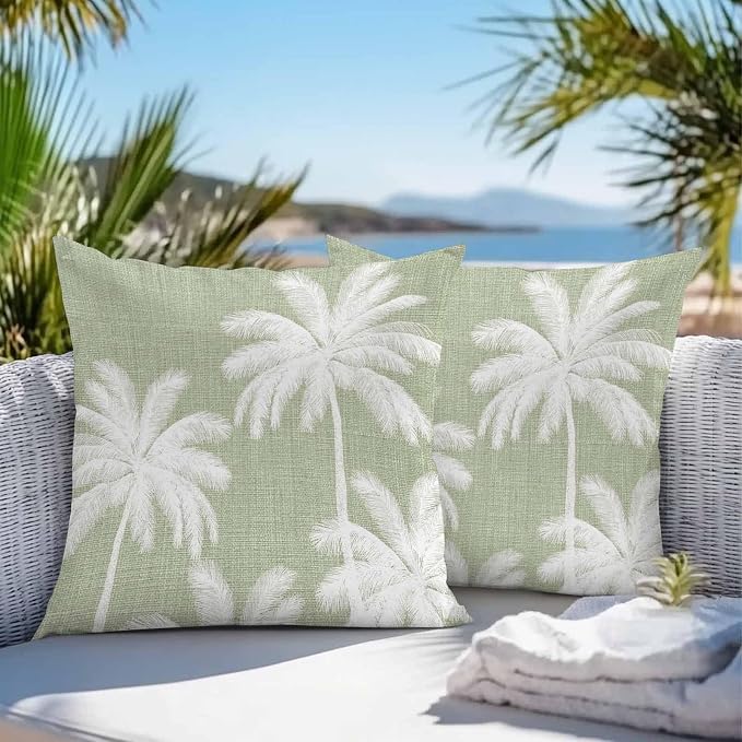 Outdoor Pillow Covers 18x18 Inch Set of 2, Sage Green Palm Trees Waterproof Throw Pillow Covers, Farmhouse Tropical Summer Beach Decorative Cushion Pillowcases for Couch, Sofa, Bed, Garden, Patio