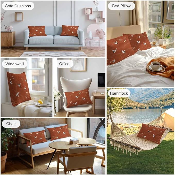Japanese Style Outdoor Pillow Covers 20x12 Inch Lumbar Pillow Covers Set of 2 Waterproof Decorative Throw Pillow Cases Vintage Art Cranes Ocean Wave Red Cushion Covers for Patio Furniture Garden Couch