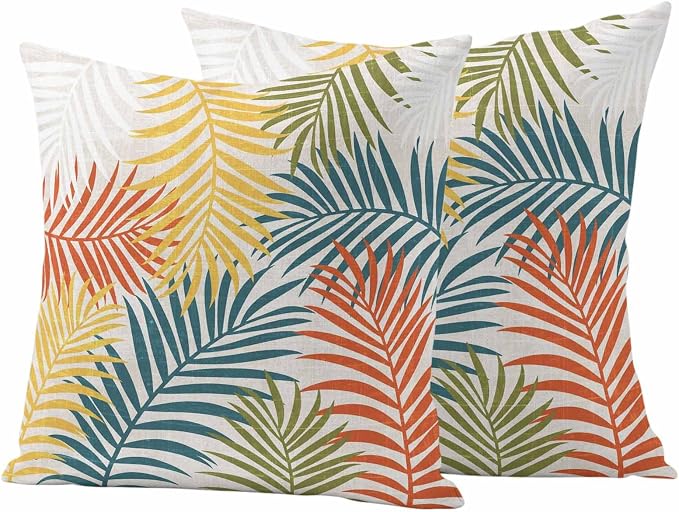 Outdoor Waterproof Throw Pillow Covers, Orange Green Yellow Palm Leaves Decorative Pillow Cases, Summer Botanical Tropical Leaf Couch Pillow Protector Patio Sofa Cushion Covers 18"x18" 2 Pack