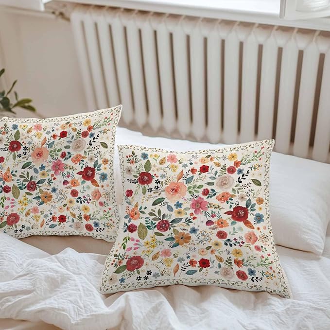Vandarllin Outdoor Throw Pillows Covers 20x20 inch Set of 2 Waterproof Beige Floral Decorative Zippered Cushion Covers for Patio Furniture, Farmhouse Vintage Flower Lumbar Pillowcases