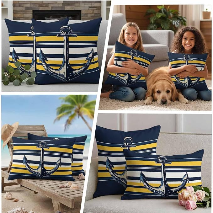 Vintage Anchor Outdoor Waterproof Pillow Covers Set of 2, Yellow Blue Striped Pillowcase Decorative Throw Cushion Cases for Patio Garden Couch 20 x 12 Inches