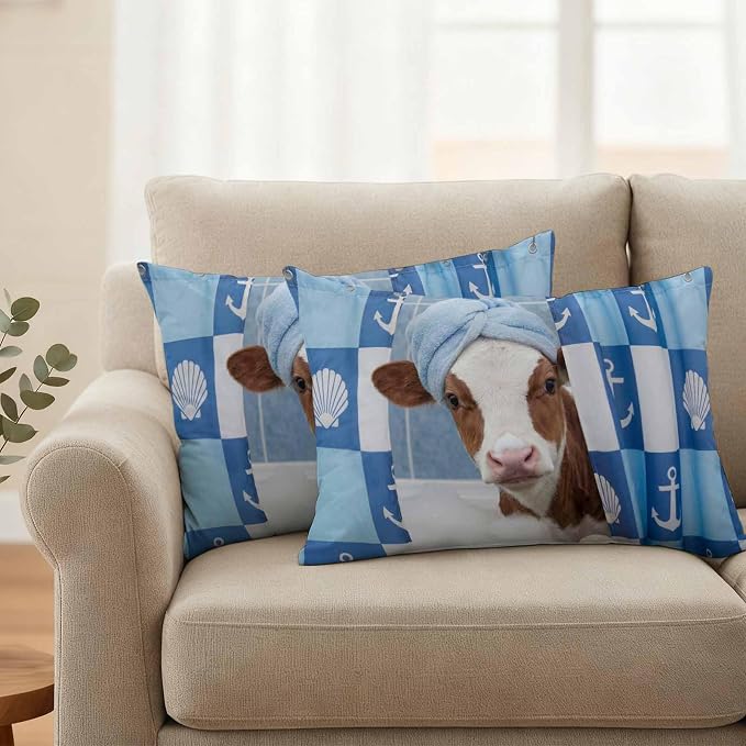 Bathing Cow Waterproof Outdoor Pillow Covers Set of 2 Home Decor, Funny Animal Showering Lumbar Pillowcase Patio Pillow Covers for Couch Bench Patio Furniture Garden 20x12in