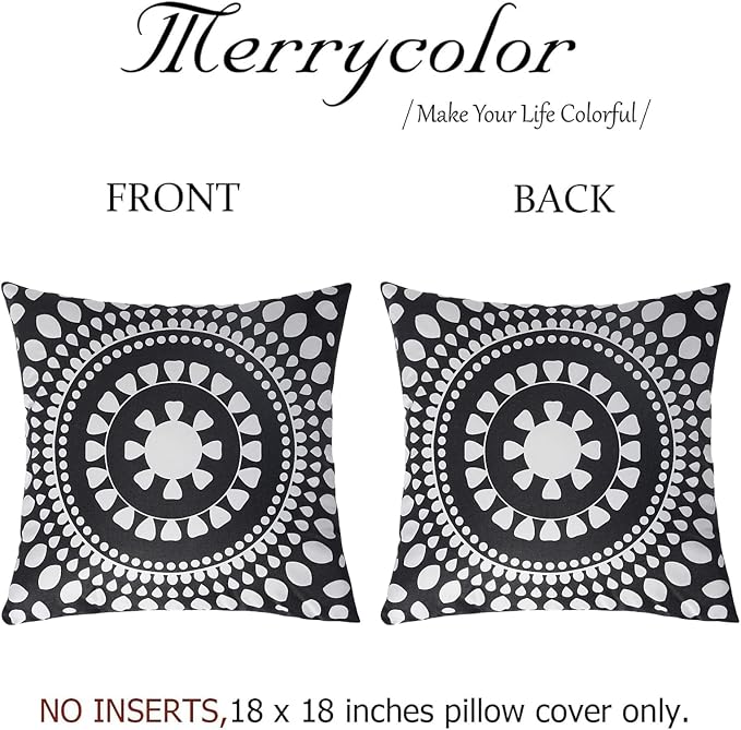 Merrycolor Set of 2 Outdoor Waterproof Throw Pillow Covers Black and White Pillow Covers Floral Decorative Square Pillowcases Farmhouse Boho Outdoor Pillows for Patio Furniture 18x18 Inch