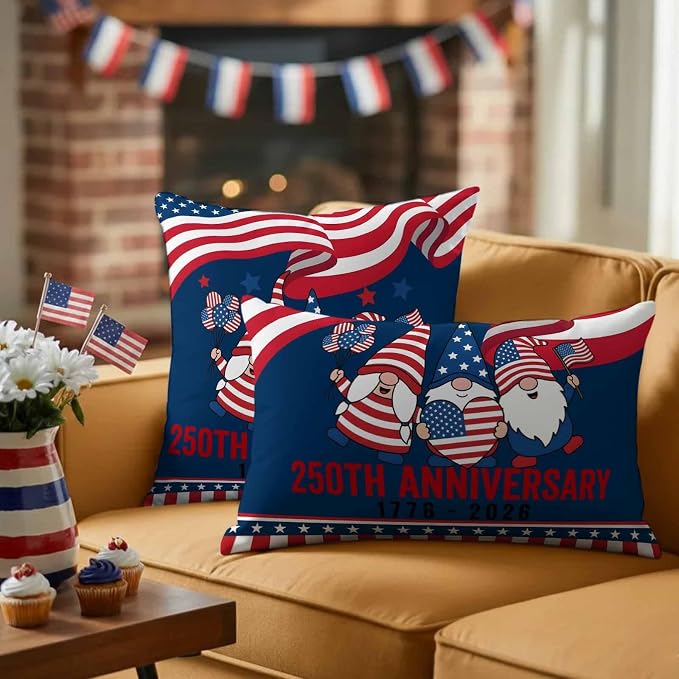 250th Anniversary Outdoor Pillow Covers 26"x26" Set of 2, Patriotic Gnome USA Flag Independence Day Waterproof Throw Pillow Covers for Patio Furniture, Decorative Cushion Covers for Porch