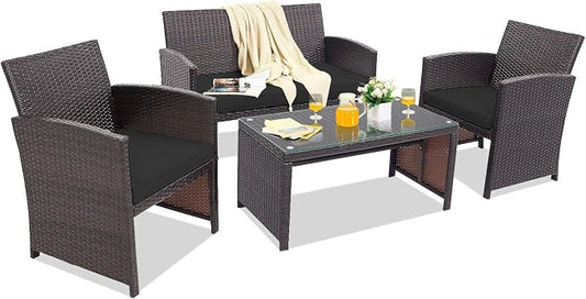 HAPPYGRILL 4 Pieces Rattan Conversation Set Outdoor Wicker Furniture Set with Tempered Glass Coffee Table, Soft Cushions, Weather-Resistant Rattan Chair Set for Garden Backyard Poolside (Black)