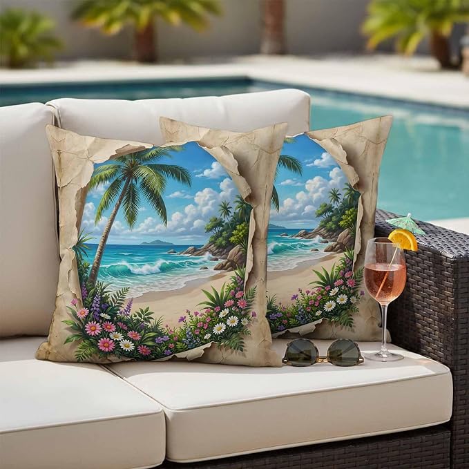 Tropical Floral Botanical Outdoor Pillow Covers 26x26 Inch Throw Pillow Covers Set of 2 Waterproof Decorative Pillow Cases Palm Tree Summer Beach Cushion Covers for Patio Furniture Garden Couch Sofa