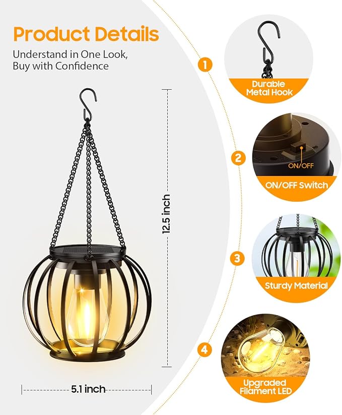 KOOPER Solar Lanterns Outdoor Waterproof, Upgraded Metal Hanging Solar Lights Outdoor Lanterns, Brighter Auto On/Off Outdoor Hanging Lantern for Yard Patio Pathway Porch Garden Decor 2 Pack