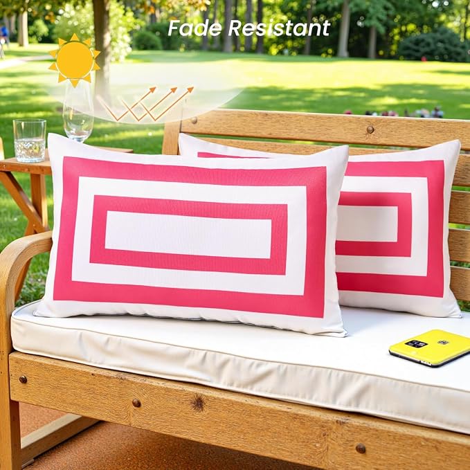 JOJOGOGO 12x20 Hot Pink Frame Outdoor Lumbar Pillow Covers Waterproof & Sunproof Set of 2, White and Pink Outdoor Decorative Lumbar Throw Pillows for Patio Furniture and Porch Decor(Without Inserts)