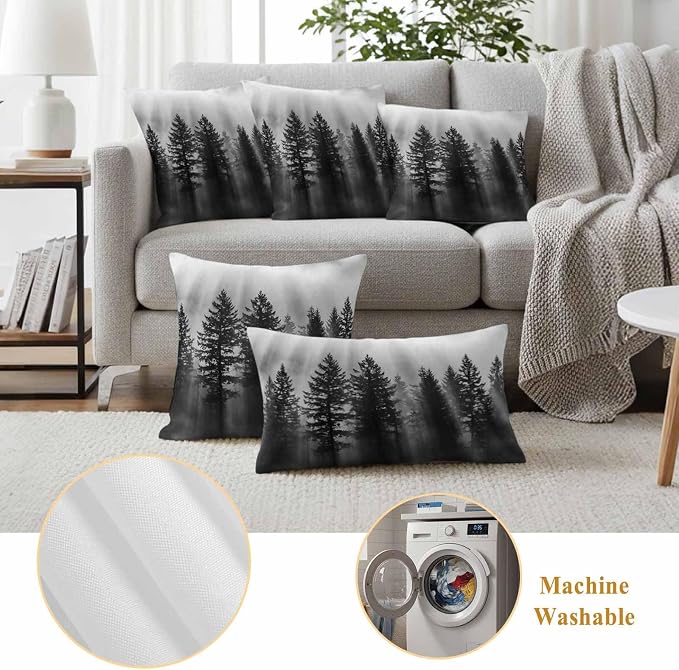 Black Forest Mist Scenery Outdoor Pillow Covers 20"x12" Set of 2, Nature Pine Trees Sunbeams Modern Waterproof Throw Pillow Covers for Patio Furniture, Decorative Cushion Covers for Porch