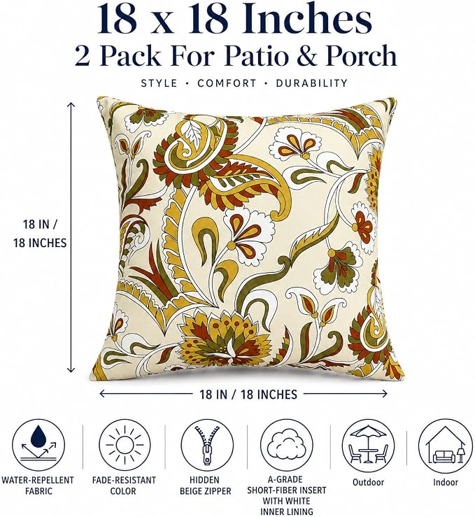 Outdoor/Indoor Decorative Throw Pillows 18×18 Inch | Pack of 2 Waterproof Decorative Throw Pillows with Inserts, Square Pillows for Bed, Couch, Sofa and Patio Furniture