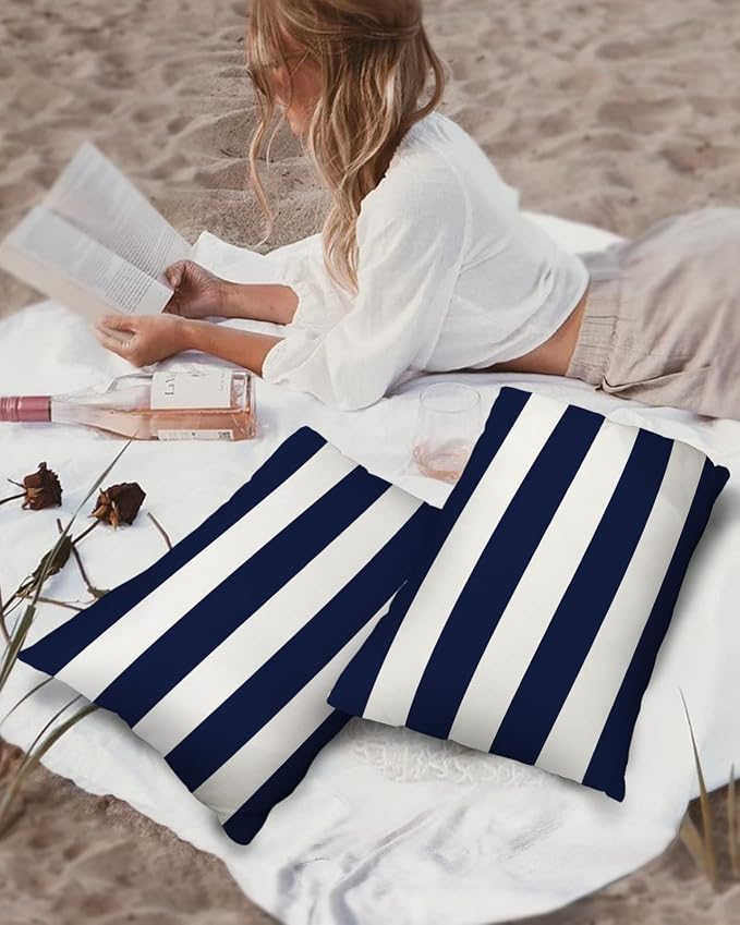 Outdoor Pillows Navy Blue White Stripes Waterproof Outdoor Pillow Covers Geometric Simple Summer Polyester Throw Pillow Covers Garden Cushion Decorative Case for Patio Couch Decoration Set of 2