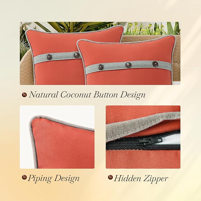 Outdoor Sunbrella Decorative Pillows with Triple Coconut Buttons Pack of 4, 16" x 16" Outdoor Pillow Set for Couch Bed Throw Patio Sofa, Canvas Melon/Cast Ash