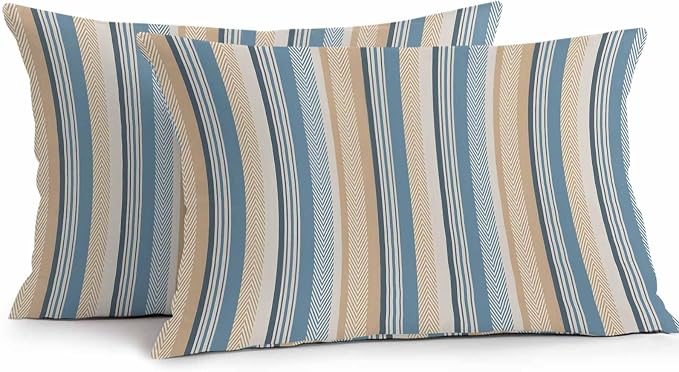 Blue Brown Beige Outdoor Pillow Covers 20x12 Inch Lumbar Pillow Covers Set of 2 Waterproof Decorative Throw Pillow Cases Boho Farmhouse Abstract Stripes Art Cushion Covers for Patio Furniture Garden