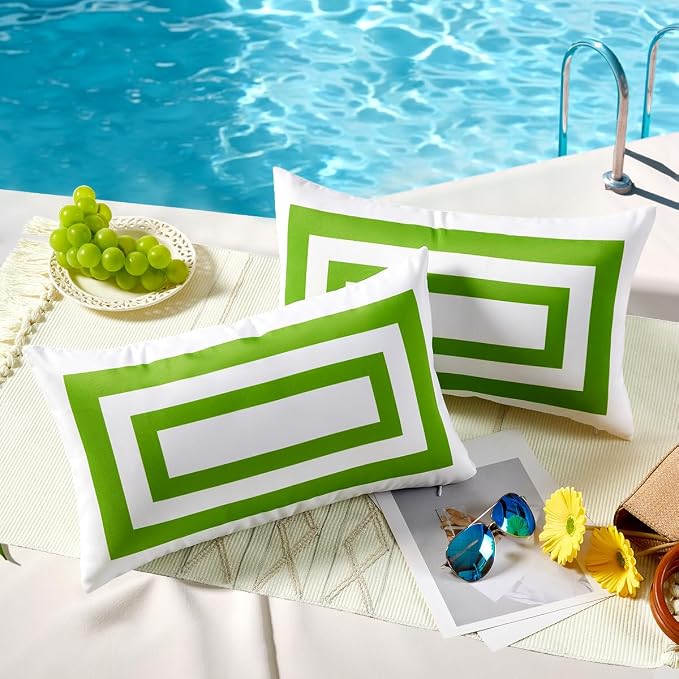 JOJOGOGO 12x20 Apple Green Frame Outdoor Lumbar Pillow Covers Waterproof & Sunproof Set of 2, White and Green Outdoor Decorative Lumbar Pillows for Patio Furniture and Porch Decor(Without Inserts)