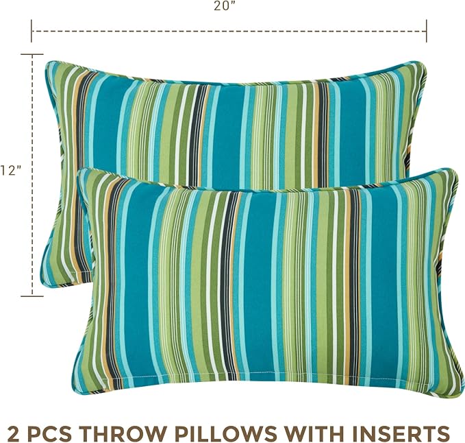 Lumbar Pillow with Insert, Set of 2, Outdoor Indoor Waterproof Decorative Patio Lumbar Pillow 12x20 Inch, Rectangular Cushion for Couch Sofa Garden Farmhouse Decoration-Green Stripe