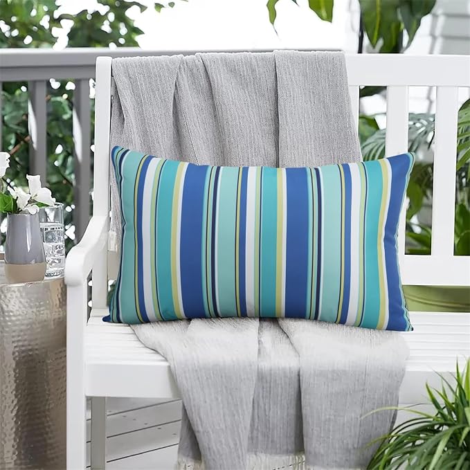 Adabana Patio Striped Outdoor Pillow Covers Waterproof Set of 2, 12"x20" | Colorful Decor, Blue Outdoor Pillows for Patio Furniture Garden Porch