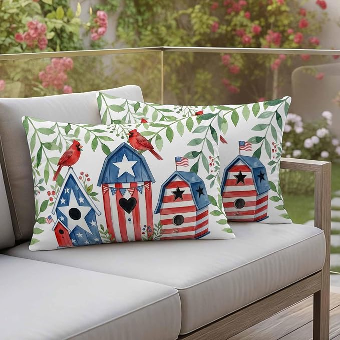 American Flag Bird House Outdoor Pillow Covers Waterproof, All Weather Cushion Case Set of 2, Green Eucalyptus Leaves 250th Lumbar Pillowcase for Sofa Couch Bed Decor Patio Furniture 20"x12"